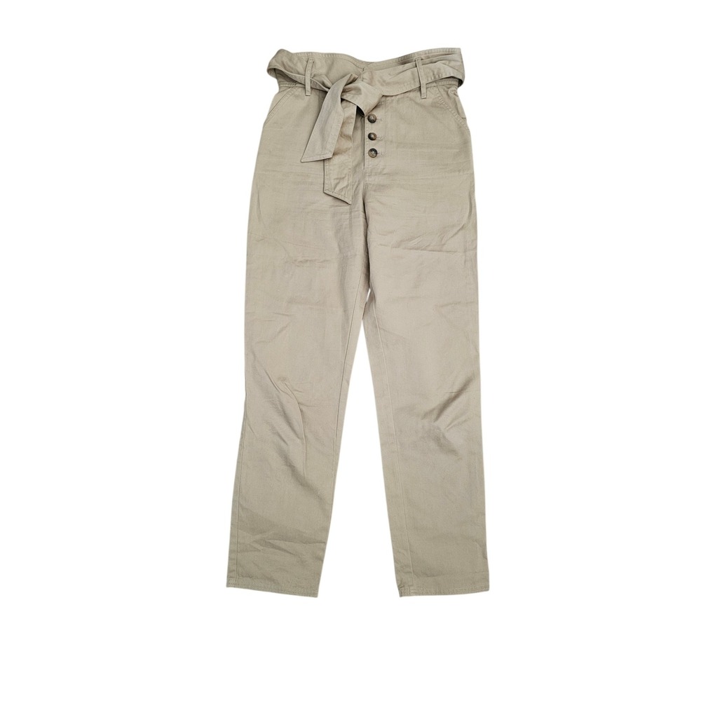 Sezane Austin‎ Trousers Beige Khaki Paperbag Waist Button Fly Straight Leg 36/4